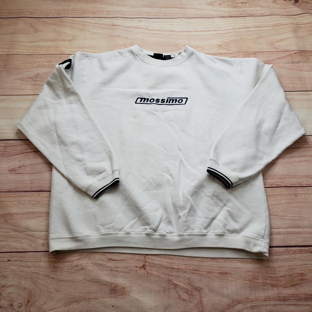VINTAGE Mossimo Sweatshirt Men Medium White Pullover Fleece Embroidered Crewneck